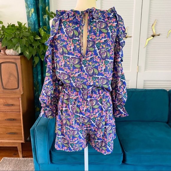 easel | Romper in the Heather Floral Print Cold Shoulder Navy Ruffle New Small - Picture 10 of 13